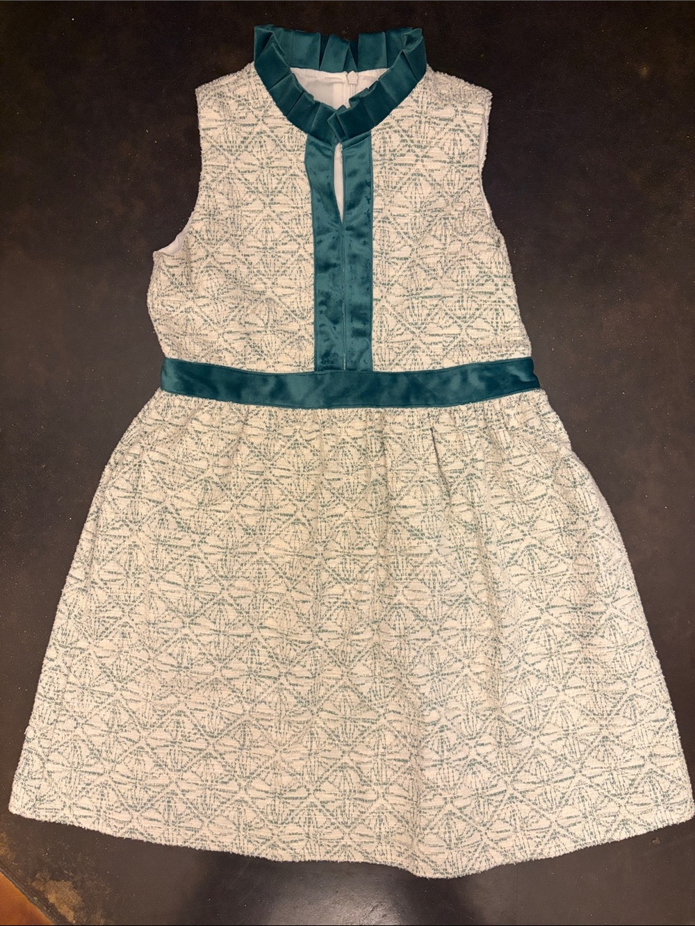 Ivory Patterned Girls' Dress with Teal Trim